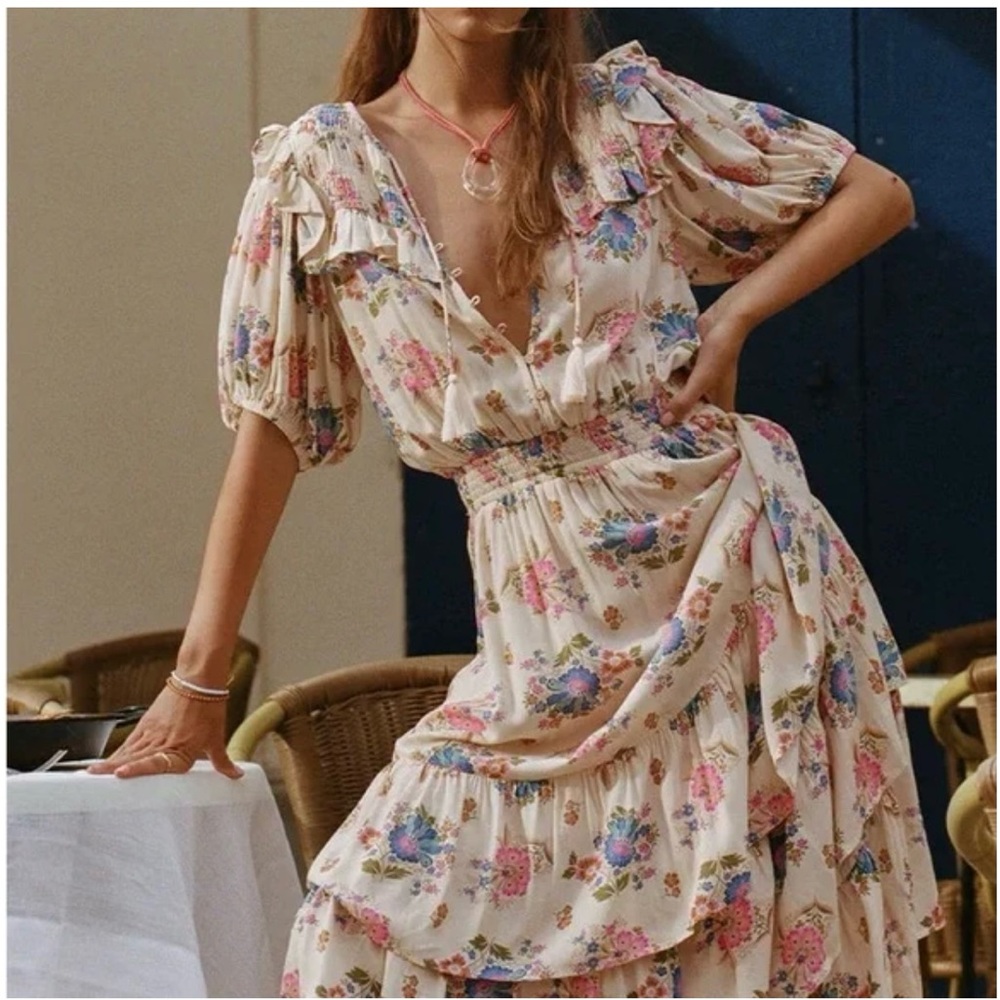 Cynthia Steffe Cream Floral Spring Easter Midi Dress smocked waist ruffled hem S